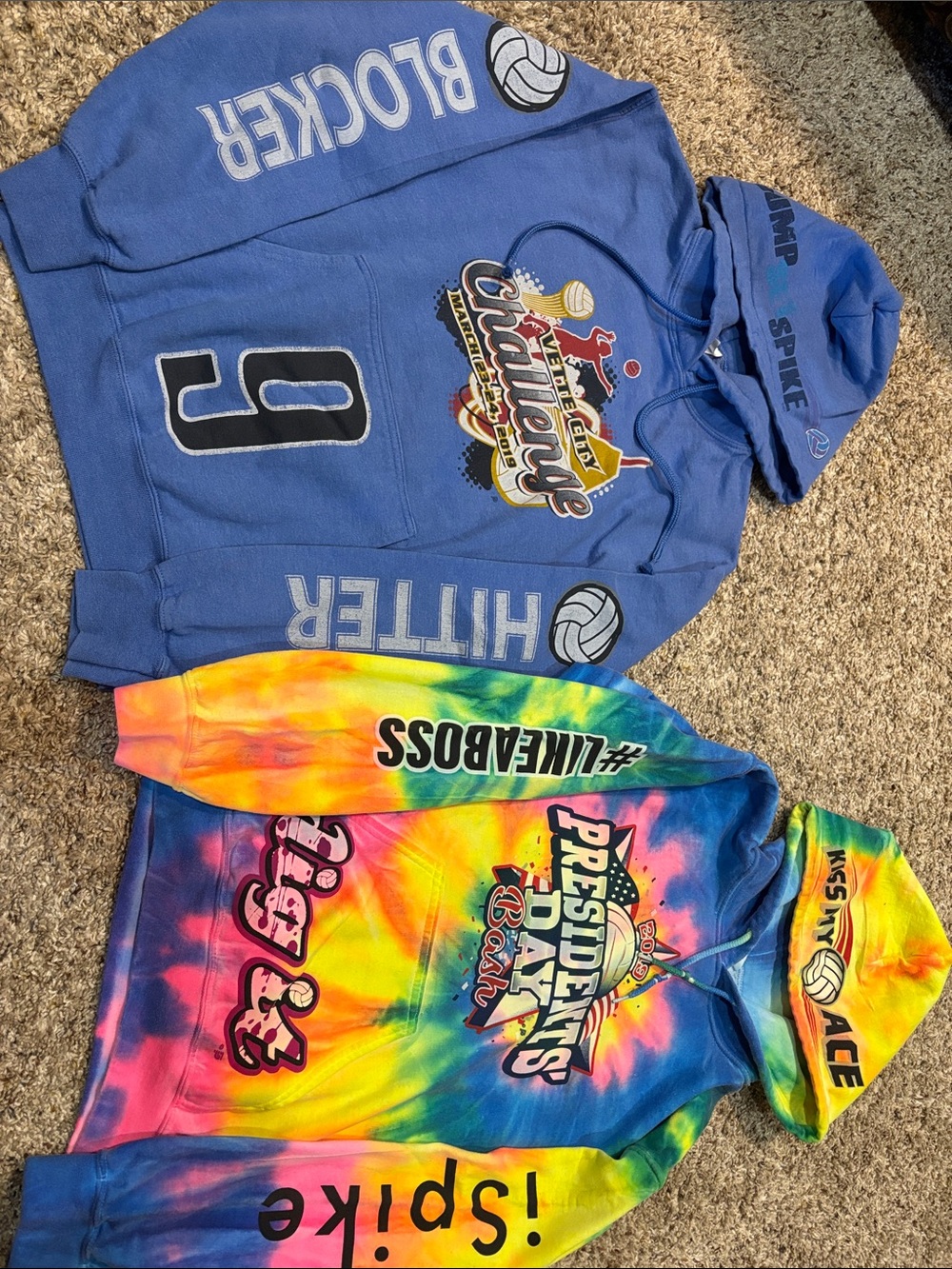 Blue and Tie-Dye Hoodie Sweatshirts with Volleyball Team Graphics